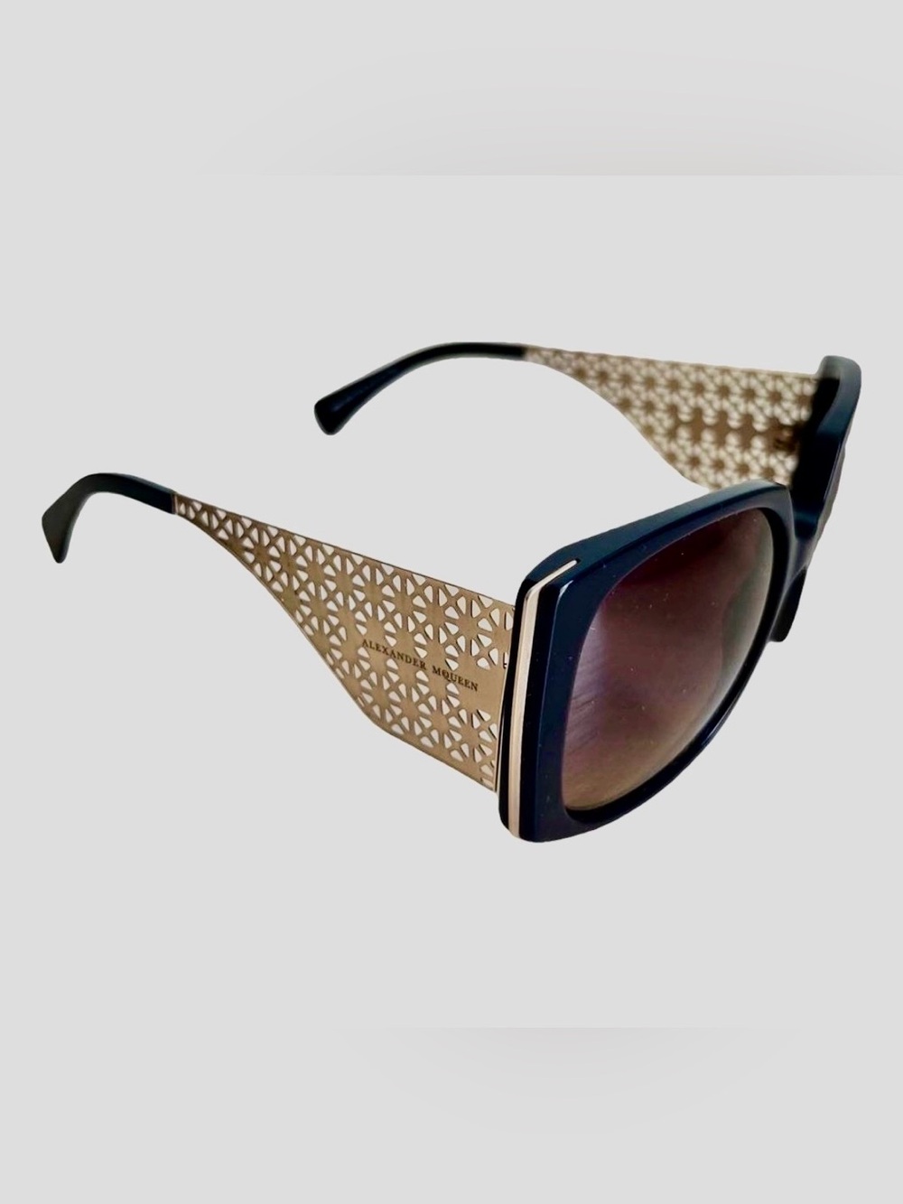 Alexander McQueen Black Sunglasses Silver-tone Pewter lattice Metal Accents COA - Picture 5 of 15